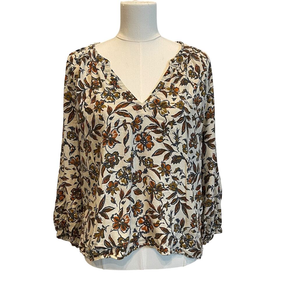 Faherty Portia Indee Floral Print 3/4 Sleeve V-Neck Blouse Top Shirt Cream L